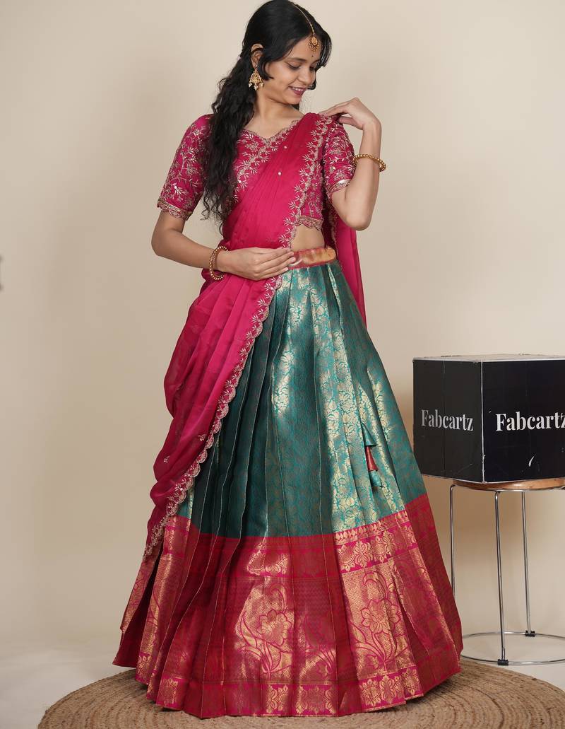 Beautiful South Indian Style Semi-Stitched Half Saree with Embroidered Blouse and Rangoli Dupatta for Women