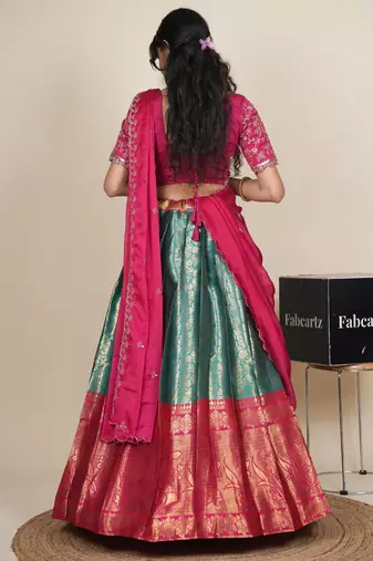 Beautiful South Indian Style Semi-Stitched Half Saree with Embroidered Blouse and Rangoli Dupatta for Women