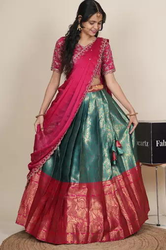 Beautiful South Indian Style Semi-Stitched Half Saree with Embroidered Blouse and Rangoli Dupatta for Women