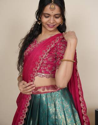 Beautiful South Indian Style ed Half Saree with Embroidered Blouse and Rangoli Dupatta for Women 4