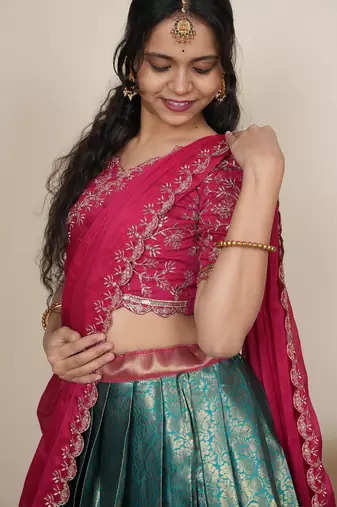 Beautiful South Indian Style Semi-Stitched Half Saree with Embroidered Blouse and Rangoli Dupatta for Women