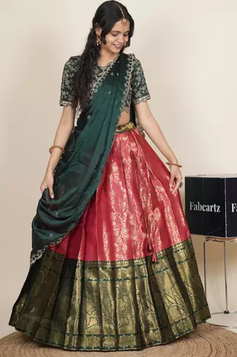Beautiful South Indian Style Semi-Stitched Half Saree with Embroidered Blouse and Rangoli Dupatta for Women