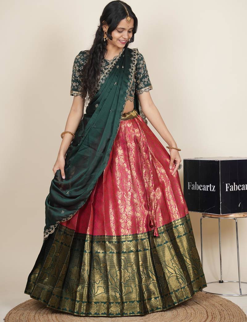 Beautiful South Indian Style Semi-Stitched Half Saree with Embroidered Blouse and Rangoli Dupatta for Women