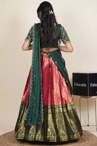 Beautiful South Indian Style Semi-Stitched Half Saree with Embroidered Blouse and Rangoli Dupatta for Women