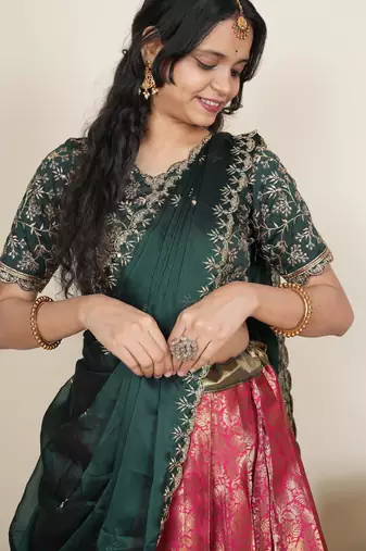 Beautiful South Indian Style Semi-Stitched Half Saree with Embroidered Blouse and Rangoli Dupatta for Women