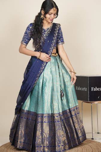 Beautiful South Indian Style Semi-Stitched Half Saree with Embroidered Blouse and Rangoli Dupatta for Women