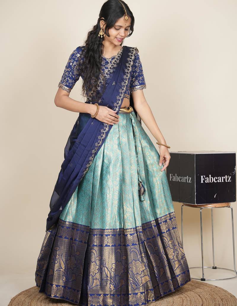 Beautiful South Indian Style Semi-Stitched Half Saree with Embroidered Blouse and Rangoli Dupatta for Women