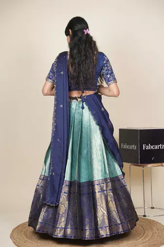 Beautiful South Indian Style Semi-Stitched Half Saree with Embroidered Blouse and Rangoli Dupatta for Women