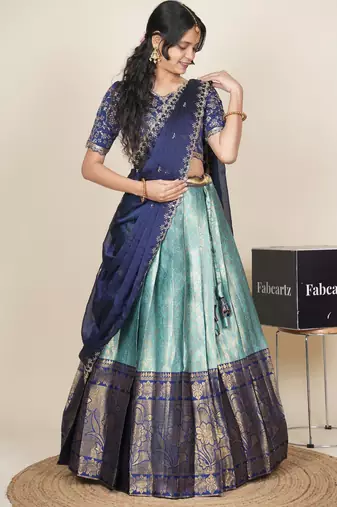 Beautiful South Indian Style Semi-Stitched Half Saree with Embroidered Blouse and Rangoli Dupatta for Women