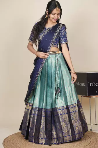 Beautiful South Indian Style Semi-Stitched Half Saree with Embroidered Blouse and Rangoli Dupatta for Women