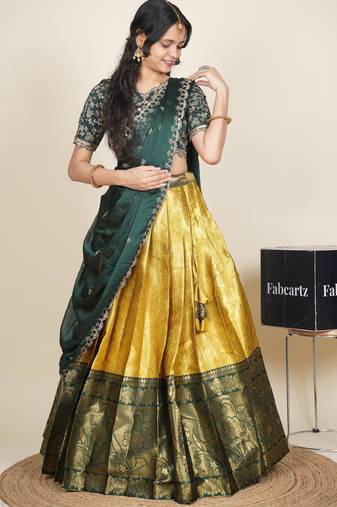 Beautiful South Indian Style Semi-Stitched Half Saree with Embroidered Blouse and Rangoli Dupatta for Women