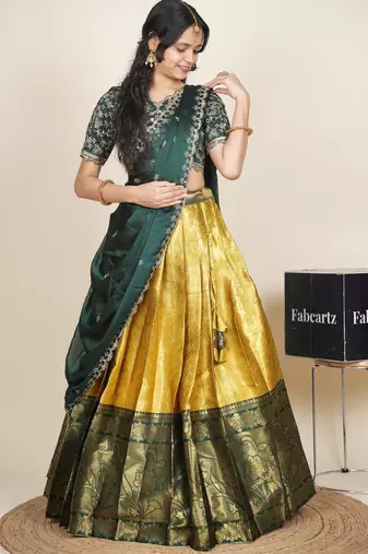 Beautiful South Indian Style Semi-Stitched Half Saree with Embroidered Blouse and Rangoli Dupatta for Women