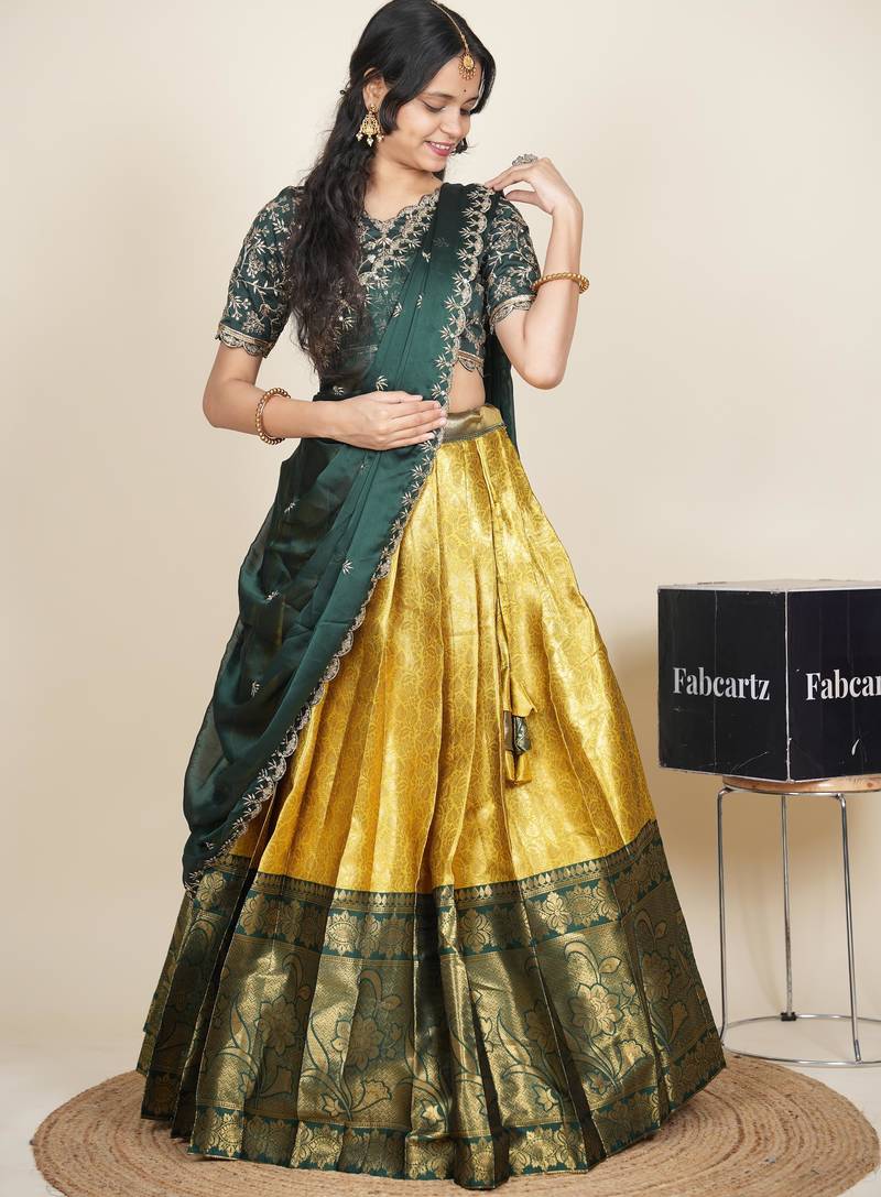Beautiful South Indian Style Semi-Stitched Half Saree with Embroidered Blouse and Rangoli Dupatta for Women