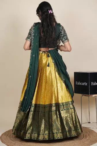 Beautiful South Indian Style Semi-Stitched Half Saree with Embroidered Blouse and Rangoli Dupatta for Women