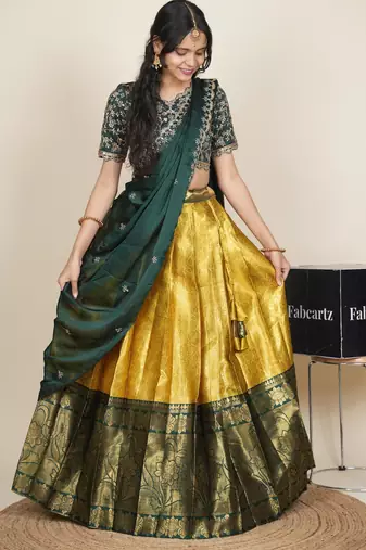 Beautiful South Indian Style Semi-Stitched Half Saree with Embroidered Blouse and Rangoli Dupatta for Women