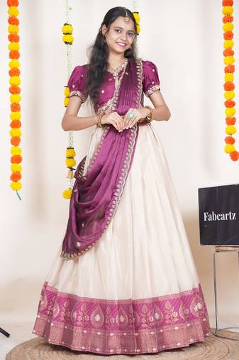Beautiful South Indian Style Semi-Stitched Half Saree with Embroidered Blouse and Rangoli Dupatta for Women