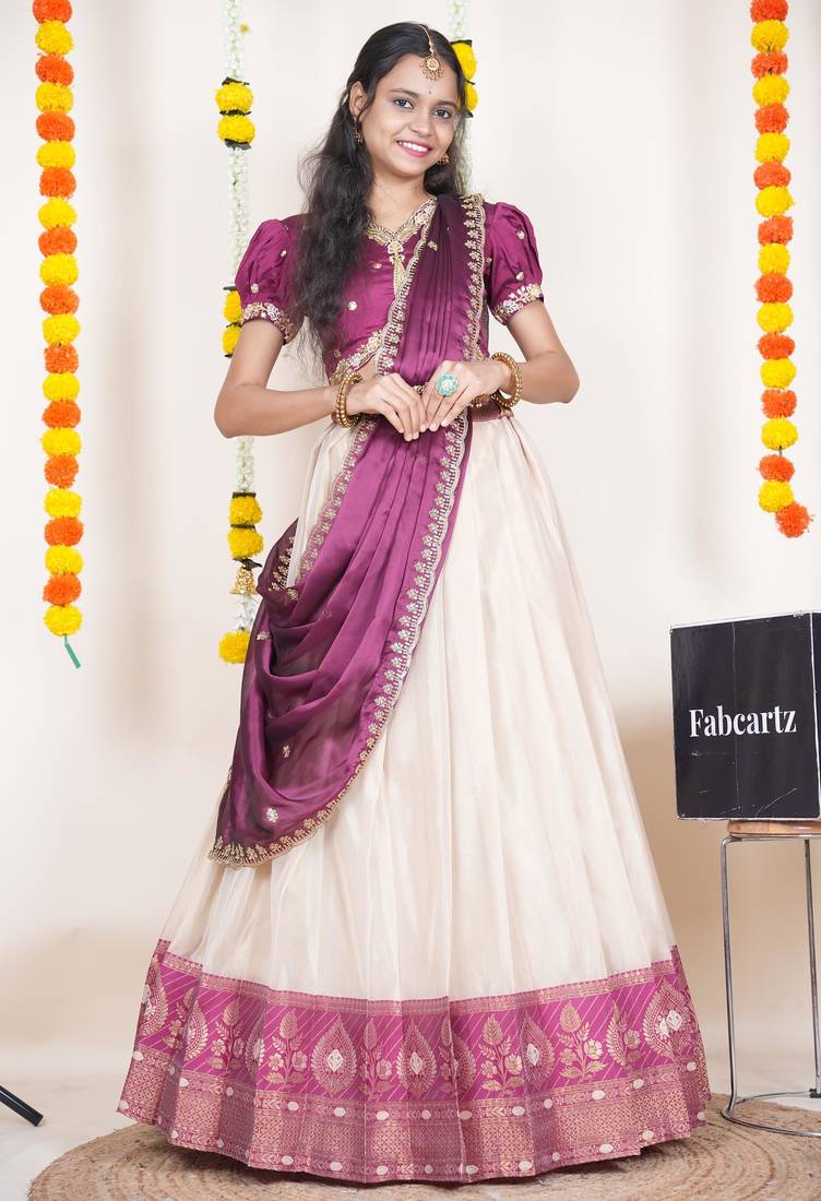 Beautiful South Indian Style Semi-Stitched Half Saree with Embroidered Blouse and Rangoli Dupatta for Women