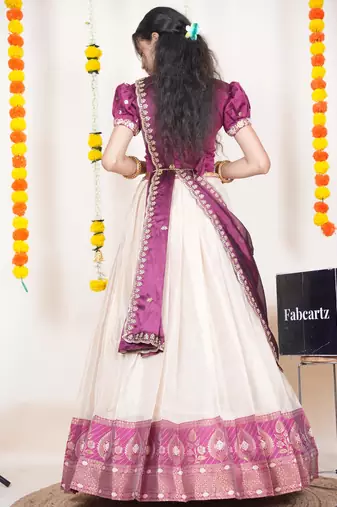 Beautiful South Indian Style Semi-Stitched Half Saree with Embroidered Blouse and Rangoli Dupatta for Women