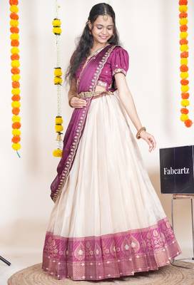 Beautiful South Indian Style Semi-Stitched Half Saree with Embroidered Blouse and Rangoli Dupatta for Women 3