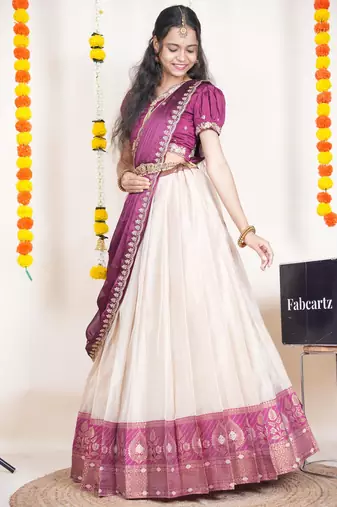 Beautiful South Indian Style Semi-Stitched Half Saree with Embroidered Blouse and Rangoli Dupatta for Women