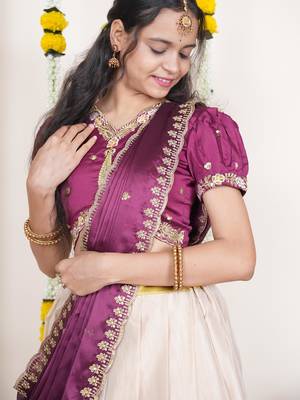 Beautiful South Indian Style Semi-Stitched Half Saree with Embroidered Blouse and Rangoli Dupatta for Women 4