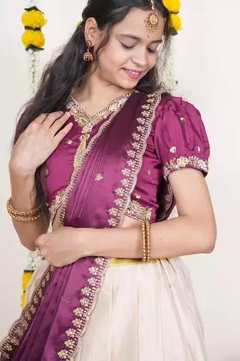 Beautiful South Indian Style Semi-Stitched Half Saree with Embroidered Blouse and Rangoli Dupatta for Women