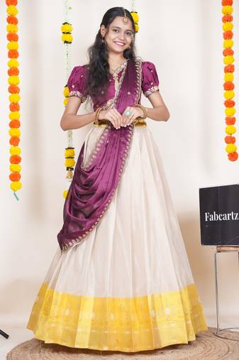 Beautiful South Indian Style Semi-Stitched Half Saree with Embroidered Blouse and Rangoli Dupatta for Women