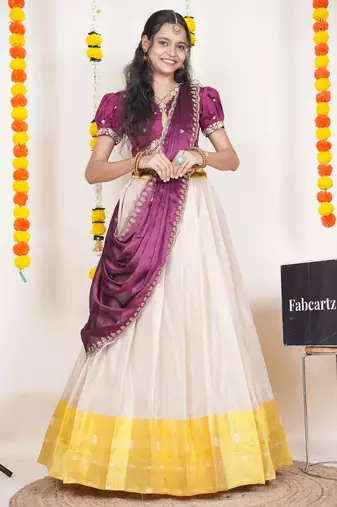Beautiful South Indian Style Semi-Stitched Half Saree with Embroidered Blouse and Rangoli Dupatta for Women