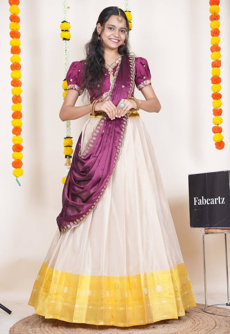 Beautiful South Indian Style Semi-Stitched Half Saree with Embroidered Blouse and Rangoli Dupatta for Women