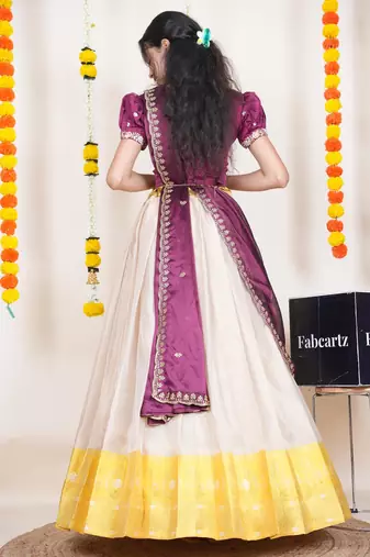Beautiful South Indian Style Semi-Stitched Half Saree with Embroidered Blouse and Rangoli Dupatta for Women