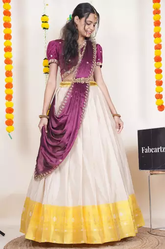 Beautiful South Indian Style Semi-Stitched Half Saree with Embroidered Blouse and Rangoli Dupatta for Women