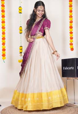 Beautiful South Indian Style Semi-Stitched Half Saree with Embroidered Blouse and Rangoli Dupatta for Women 4