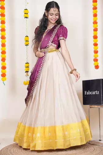 Beautiful South Indian Style Semi-Stitched Half Saree with Embroidered Blouse and Rangoli Dupatta for Women