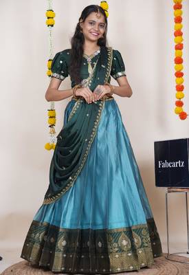 Beautiful South Indian Style Semi-Stitched Half Saree with Embroidered Blouse and Rangoli Dupatta for Women 1