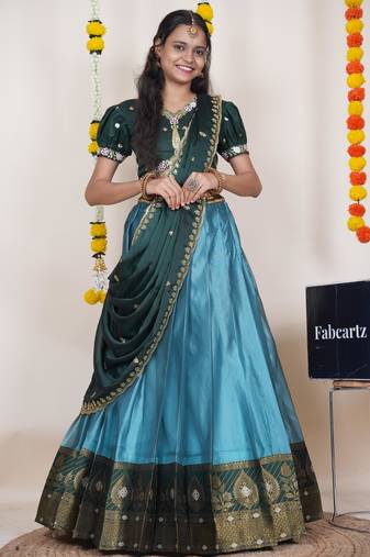 Beautiful South Indian Style Semi-Stitched Half Saree with Embroidered Blouse and Rangoli Dupatta for Women