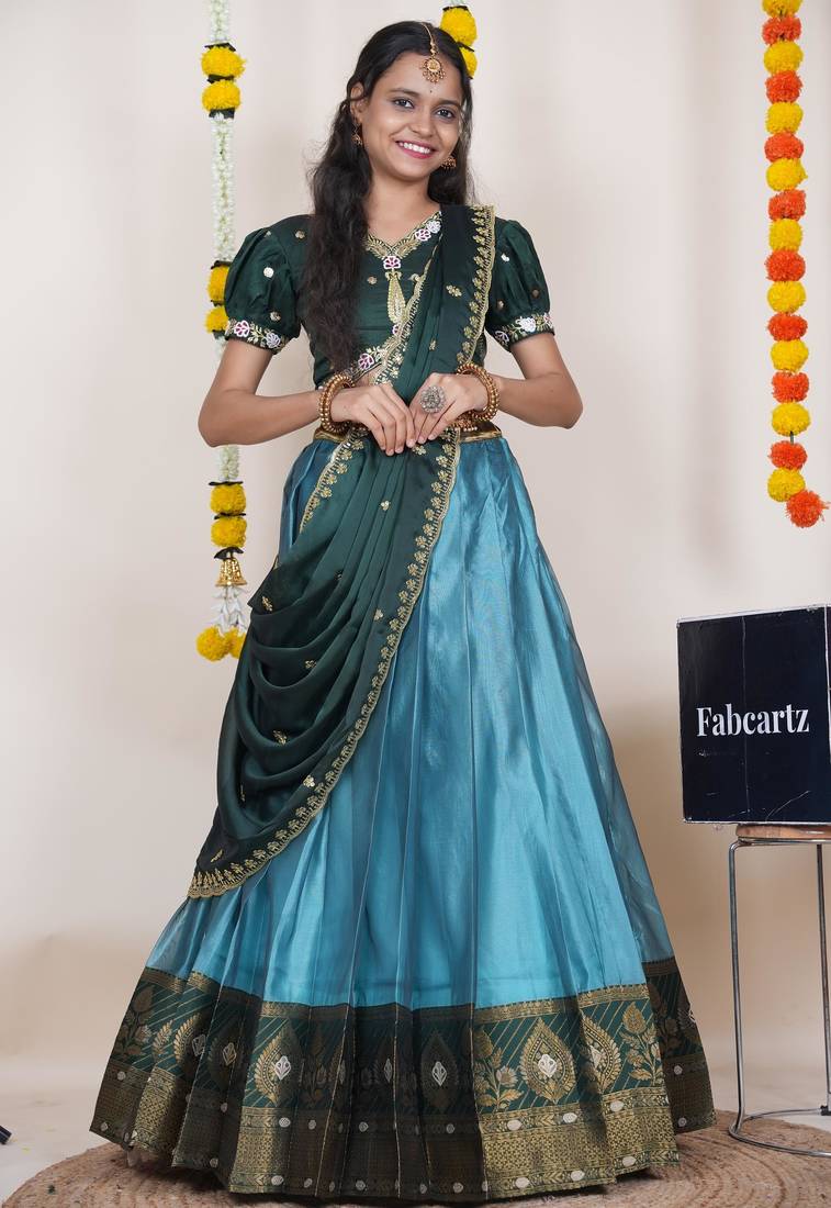 Beautiful South Indian Style Semi-Stitched Half Saree with Embroidered Blouse and Rangoli Dupatta for Women