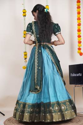 Beautiful South Indian Style Semi-Stitched Half Saree with Embroidered Blouse and Rangoli Dupatta for Women 2