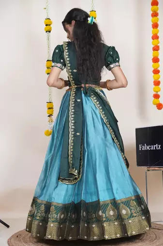 Beautiful South Indian Style Semi-Stitched Half Saree with Embroidered Blouse and Rangoli Dupatta for Women