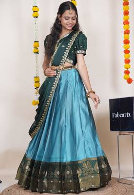 Beautiful South Indian Style Semi-Stitched Half Saree with Embroidered Blouse and Rangoli Dupatta for Women 3