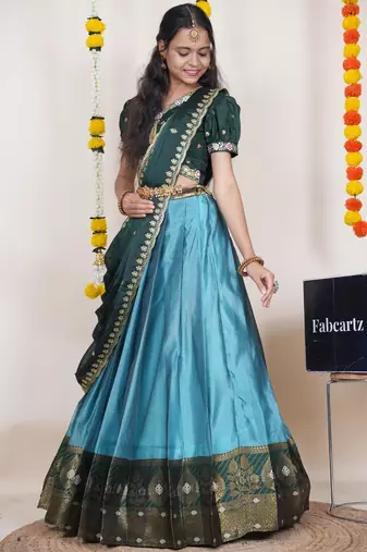 Beautiful South Indian Style Semi-Stitched Half Saree with Embroidered Blouse and Rangoli Dupatta for Women