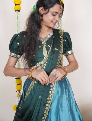 Beautiful South Indian Style Semi-Stitched Half Saree with Embroidered Blouse and Rangoli Dupatta for Women 4
