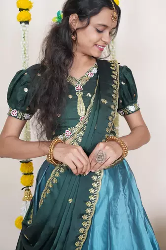 Beautiful South Indian Style Semi-Stitched Half Saree with Embroidered Blouse and Rangoli Dupatta for Women