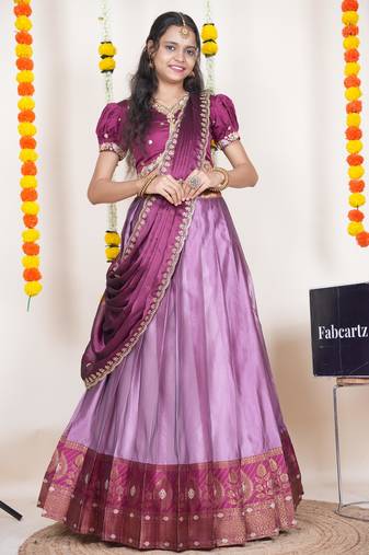 Beautiful South Indian Style Semi-Stitched Half Saree with Embroidered Blouse and Rangoli Dupatta for Women