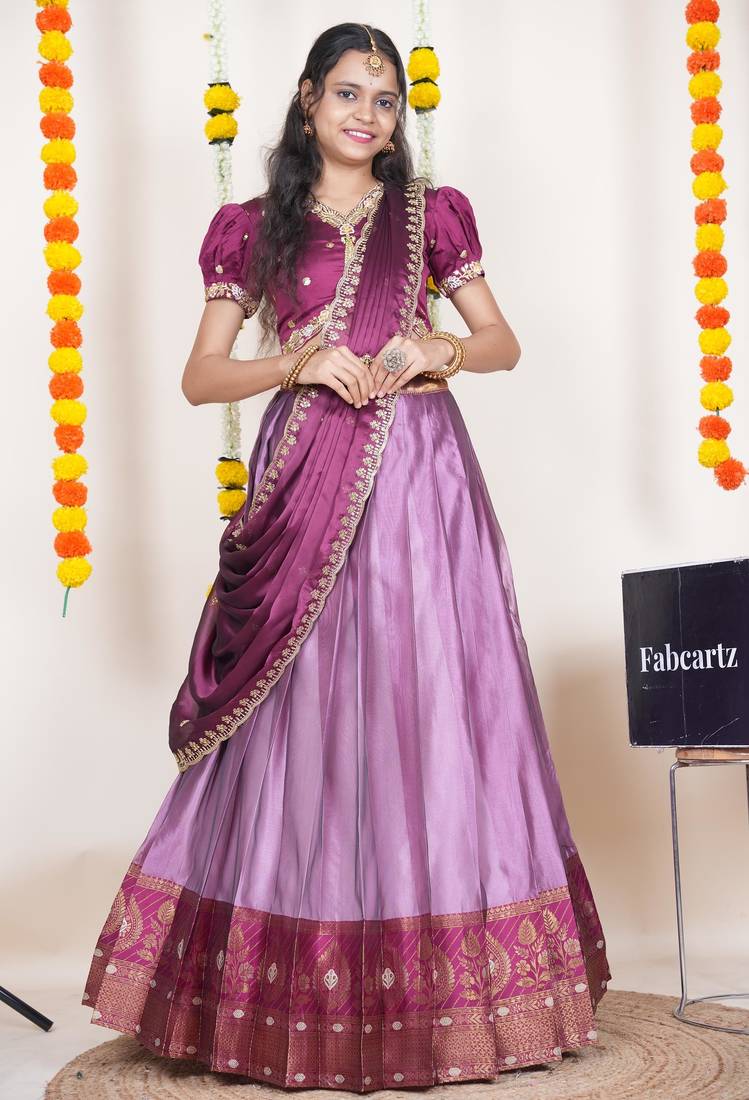 Beautiful South Indian Style Semi-Stitched Half Saree with Embroidered Blouse and Rangoli Dupatta for Women