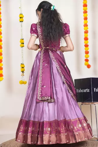 Beautiful South Indian Style Semi-Stitched Half Saree with Embroidered Blouse and Rangoli Dupatta for Women
