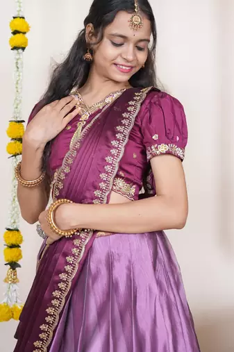 Beautiful South Indian Style Semi-Stitched Half Saree with Embroidered Blouse and Rangoli Dupatta for Women