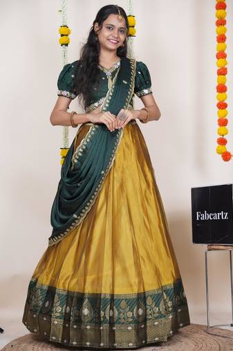 Beautiful South Indian Style Semi-Stitched Half Saree with Embroidered Blouse and Rangoli Dupatta for Women