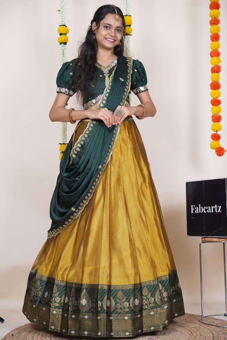 Beautiful South Indian Style Semi-Stitched Half Saree with Embroidered Blouse and Rangoli Dupatta for Women