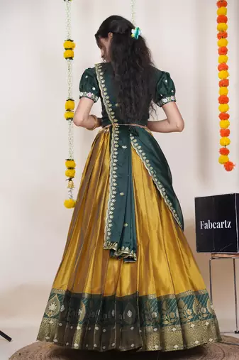 Beautiful South Indian Style Semi-Stitched Half Saree with Embroidered Blouse and Rangoli Dupatta for Women