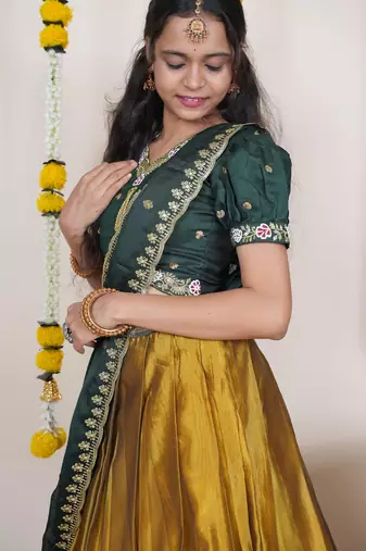 Beautiful South Indian Style Semi-Stitched Half Saree with Embroidered Blouse and Rangoli Dupatta for Women